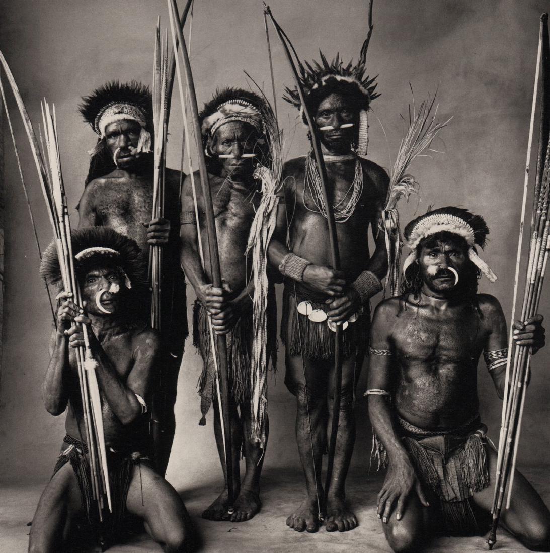 IRVING PENN - Five Okapa Warriors, New Guinea, 1970: Artist: IRVING PENN Print Title: Five Okapa Warriors, New Guinea, 1970 Medium: quad-tone Photoengraving Printed 1991 in the US Image size (inches) approx.7.5 x 7.5” Irving Penn was an American photo
