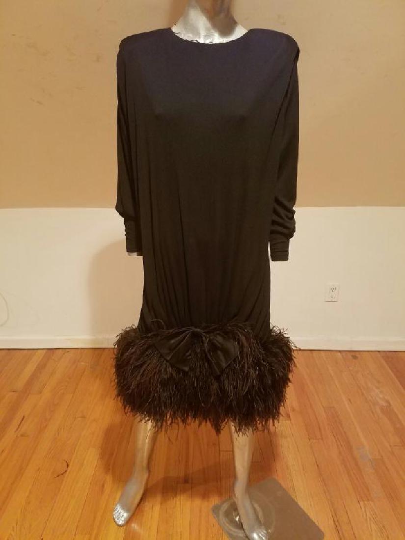 Vtg Iconic Jeanette for St.Martin Feather embellished: This one is a Rare Original with the 1985 signature circa. By famous Jeanette for St. Martin. Long sleeve feather embellished special dress, featuring a satin bow , dolman cut sleeves , rounded neckli