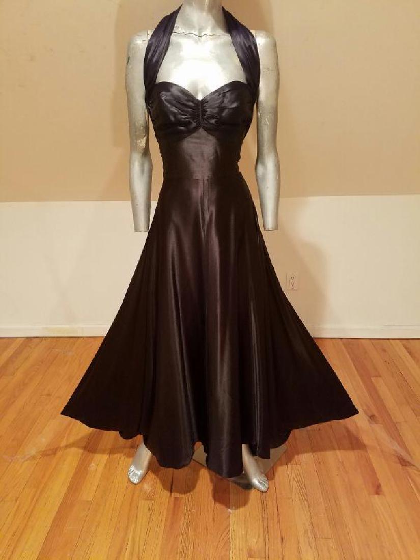 Vtg Norma Kamali Glam satin Pin- Up Gown: A fabulous Vintage Norma Kamali Omo 1940's inspired gown in satin Peau de Soie, with pleated shirred halter bodice Gorgeous flowing skirt. Truly a Hollywood Regency Look. And what a beauty. A size 10-