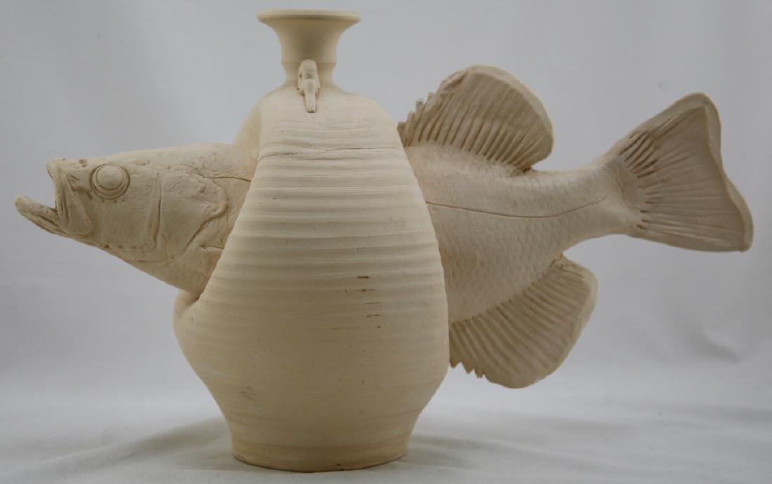 Walt Schmidt: Title: Walt Schmidt Contemporary Fish in a Bottle in Bisque Finish Philip Sartore Collection Maker: Walt Schmidt Origin: USA Date/Period: 1980s Materials: Art Pottery Size: 10" x 13" This Walt Schmidt