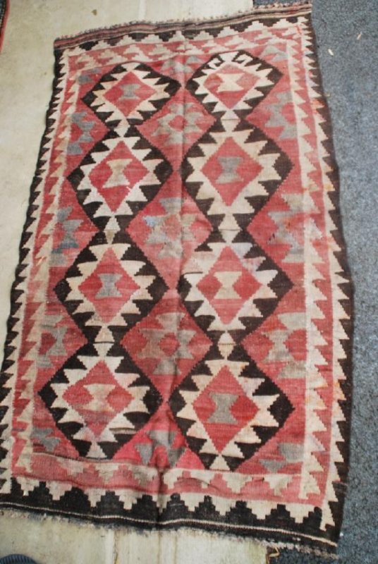 Antique Afghan Kilim Rug 5.3x3: Antique Afghan Kilim hand woven ,natural dyes Origin: Afghanistan Size (feet/inches): 5'3"x 3' Age: 1940 Material: wool Please note that this lot has a confidential reserve. When you leave a bid in ad