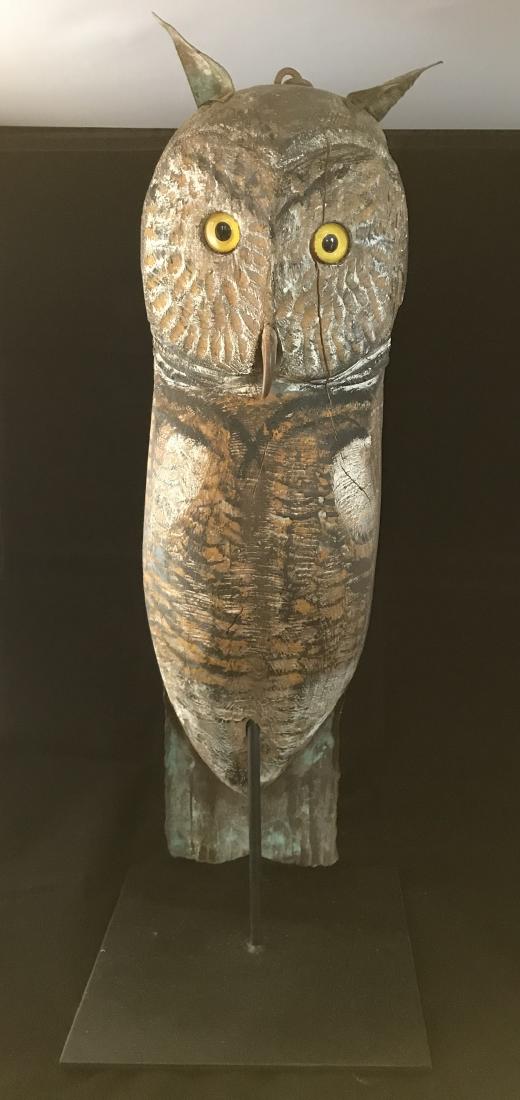 Folksy owl carving; tin tail and ears glass eyes-chain (1 of 4)