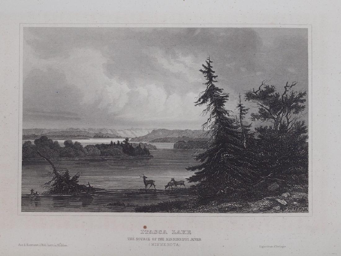 View of Itasca Lake in Minnesota 1850 Steel etching: Beautiful view of Itasca Lake in Minnesota of 1850 circa. Date: 1850 circa Atlas: Meyer s Universum 1838-1860 circa Technique: Steel etching Leaf Dimension: 16x23 cm (6.3x9.1 inches) Engraving Dimensi