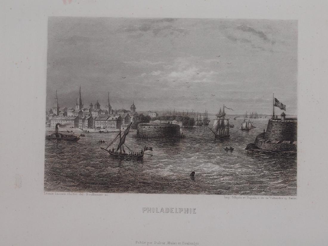 View of Philadelphia 1860 Steel etching: Beautiful animated view of Philadelphia of 1860 circa. Author: engraved by Boullemier on drawing by Leonie Lacoste Chollet Date: 1860 circa Technique: Steel etching Leaf Dimension: 18x27,5 cm (7.1x10.