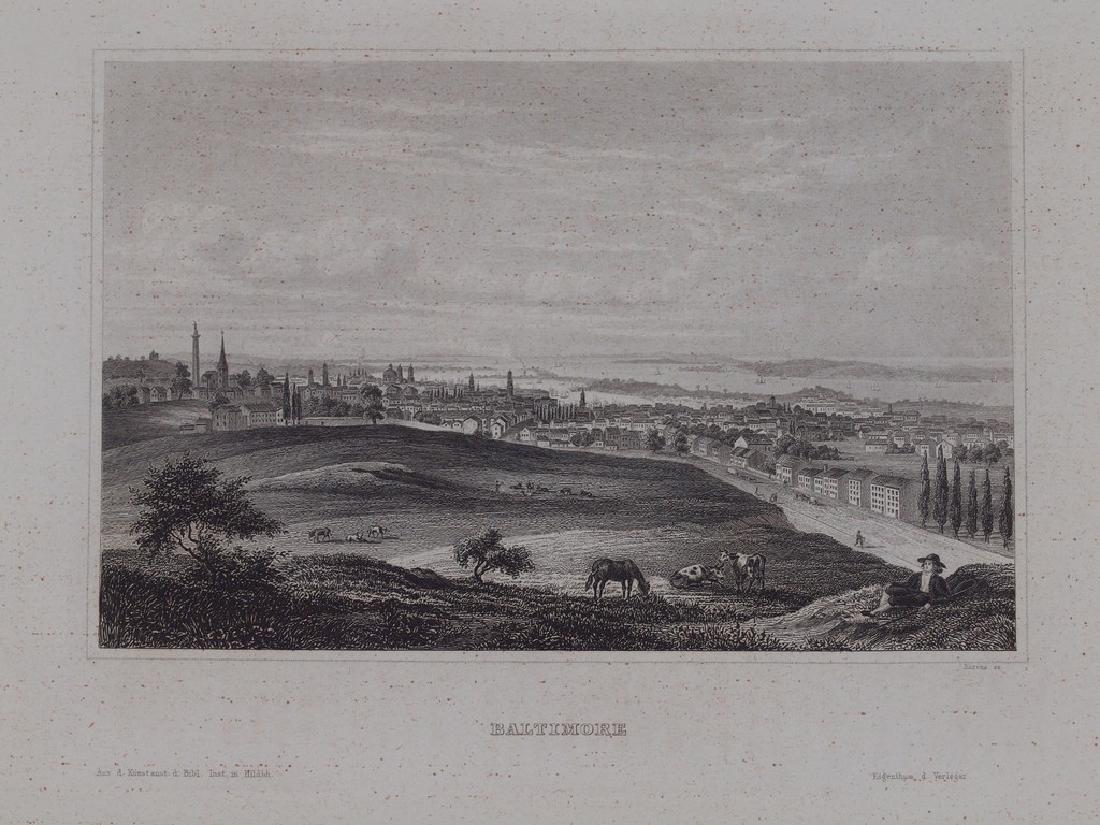 View of Baltimore 1860 Steel etching: Beautiful view of Baltimore of 1860 circa. Author: Ahrens Date: 1860 circa Atlas: Meyer s Universum 1838-1860 circa Technique: Steel etching Leaf Dimension: 15,5x23 cm (6.1x9.1 inches) Engraving Dimen
