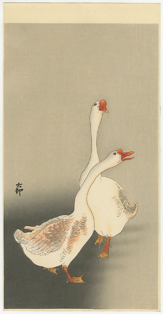 Ohara Koson Woodblock Domestic Geese: Artist: Koson Ohara Title: Domestic Geese Publisher: Daikokuya Date: 1920s Medium: Japanese woodblock print Size: ohosoban, 7.5 x 14.5 inches Provenance: from the estate of Robert O. Muller. Please no