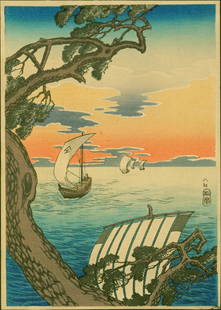 Takahashi Shotei Woodblock Coming Ships: Artist: Takahashi Shotei (Hiroaki)Title: Coming ShipsChuban: 10 x 7 inches. Date: pre-1936.Publisher: Watanabe Shozaburo. Catalog no. C-10. Medium: Japanese woodblock printCondition: Back of print