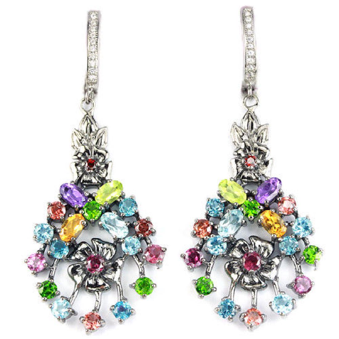 Sterling Silver Multi Gemstones Flower Earring (1 of 3)