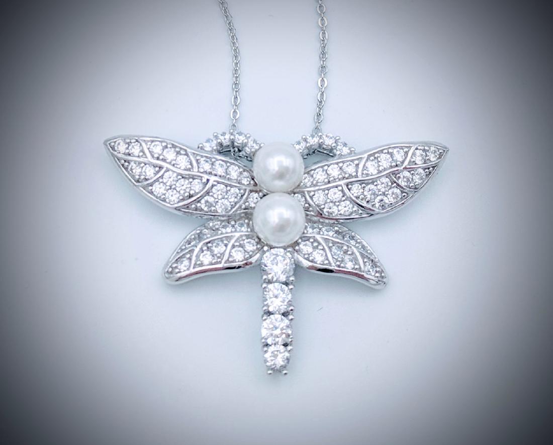 Sterling Silver Pearl CZ Dragonfly Necklace (1 of 3)