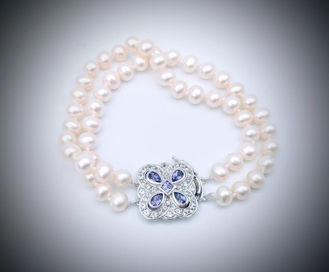 SS Double Stranded Pearl Bracelet w Amethyst & CZ Clasp (1 of 3)
