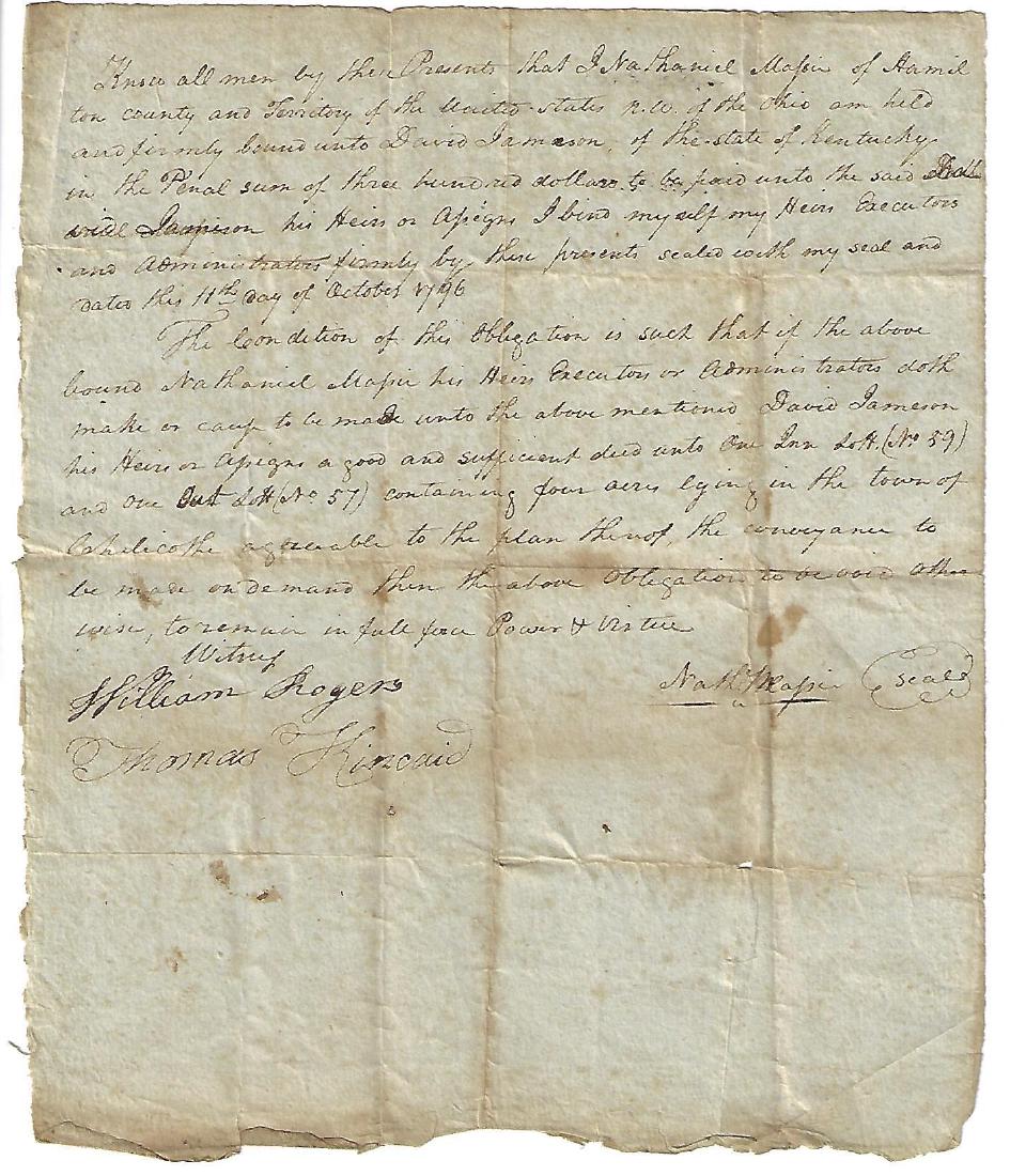 1796 Manuscript Obligation Bond Nathaniel Massie of (1 of 1)