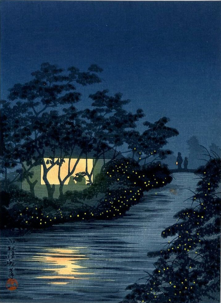 Kobayashi Kiyochika Woodblock Koromo River Tennoji: Artist: Kiyochika Kobayashi Title: Koromo River below Tennoji Publisher: Shima Art Co. Date: c. 1930s Medium: Japanese Woodblock Print Size: 7.5 x 10.1 inches Provenance: from the Robert O. Muller est