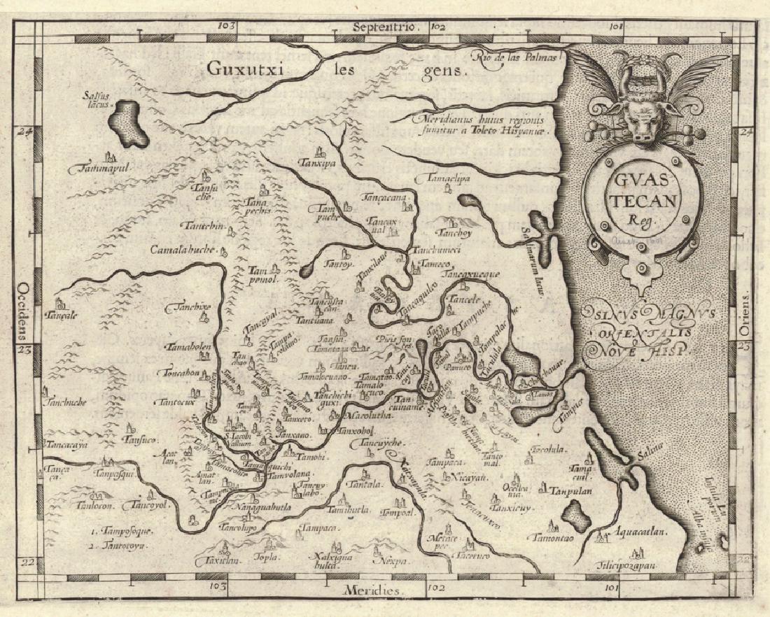 Gvastecan Reg.": Title/Content of Map: Gvastecan Reg." Date: 1607 Cartographer: Abraham Ortelius (1527-1598) Size: 6.8X8.75 Lower half of a sheet of two maps. Shows northeastern Mexico with numerous Aztec and pre-Colu
