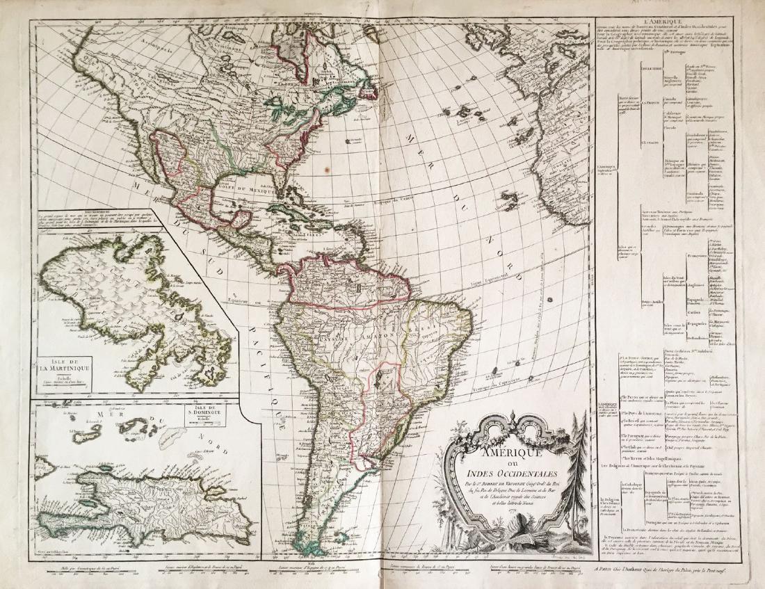 de Vaugondy: Americas with Caribbean insets: Map: Amerique ou Indes Occidentales. Cartograper: Robert de Vaugondy Place / Date: Paris / 1771 Size: 25" x 20" Condition: outline color. light overall age toning, minor staining along outer edges of 
