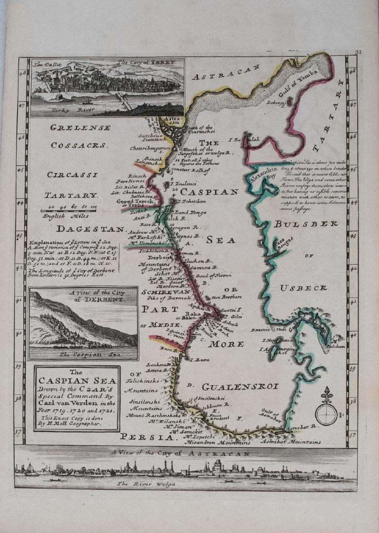 The Caspian Sea Drawn by the Czar's Special Command by: Title/Content of Map: The Caspian Sea Drawn by the Czar's Special Command by Carl van Verden in the Year 1719. 1720 and 1721 Date: 1721, London Cartographer: H Moll Size: 10.5 x 8.3 in. This map of th