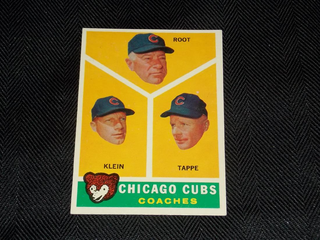 1960 Topps, Coaches, Chicago Cubs, Root, Klein, Tappe: 1960 Topps, Coaches, Chicago Cubs, Root, Klein, Tappe No Reserve: This lot starts at $1 and has no reserve as a courtesy so that collectors can determine the true market value on this authentic item.