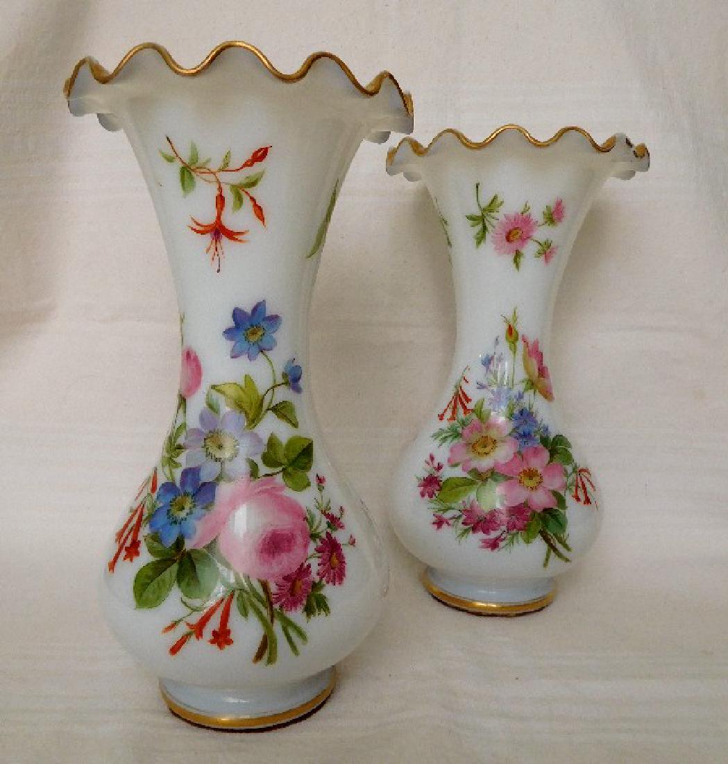 Pair of opaline crystal painted vases attr. to Baccarat: Pair of tall opaline crystal painted vases - flowers and gilt lines. France, circa 1860-1870, attributed to Baccarat. Our vases are a rare pair ; fine quality painting. Very decorative objects, typica
