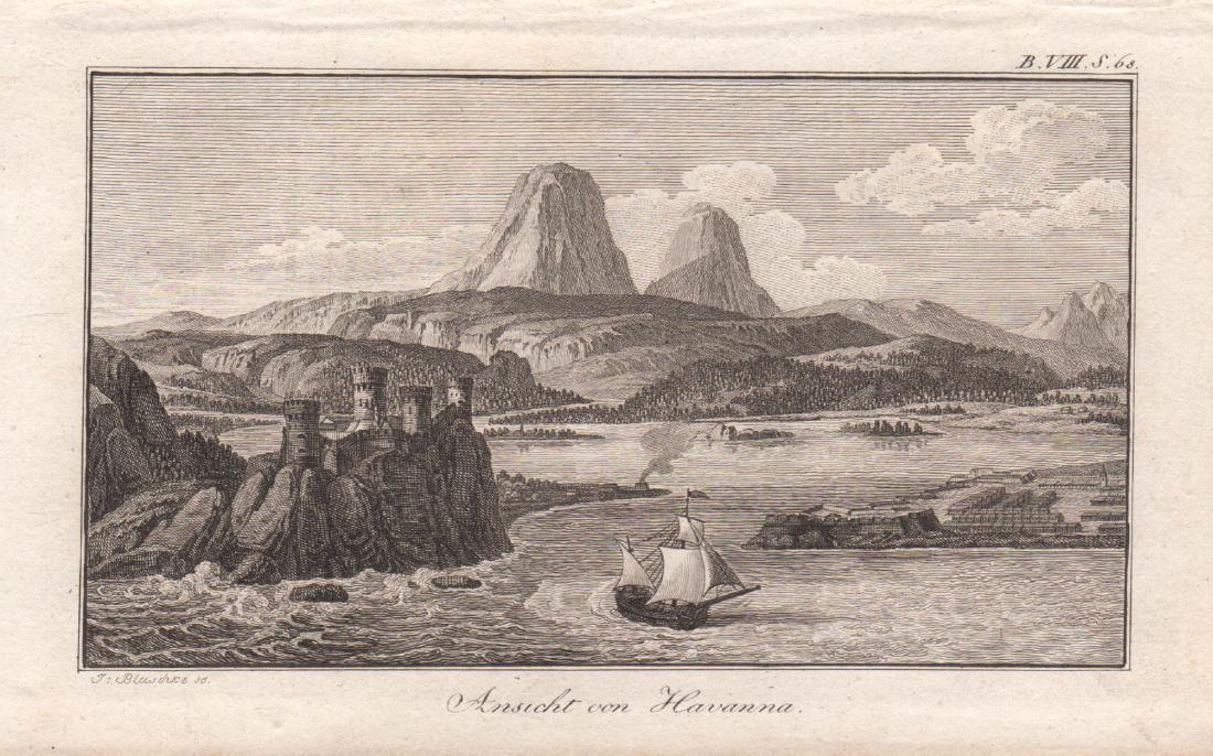 View of Havana Harbor, Cuba: Map: Ansicht von Havanna Cartographer: Place/Date: Germany / 1775 (?) Size: 6" x 3 3/8" Condition: b&w. light overall age toning A fanciful view of the entrance to Havana harbor, protected by a German