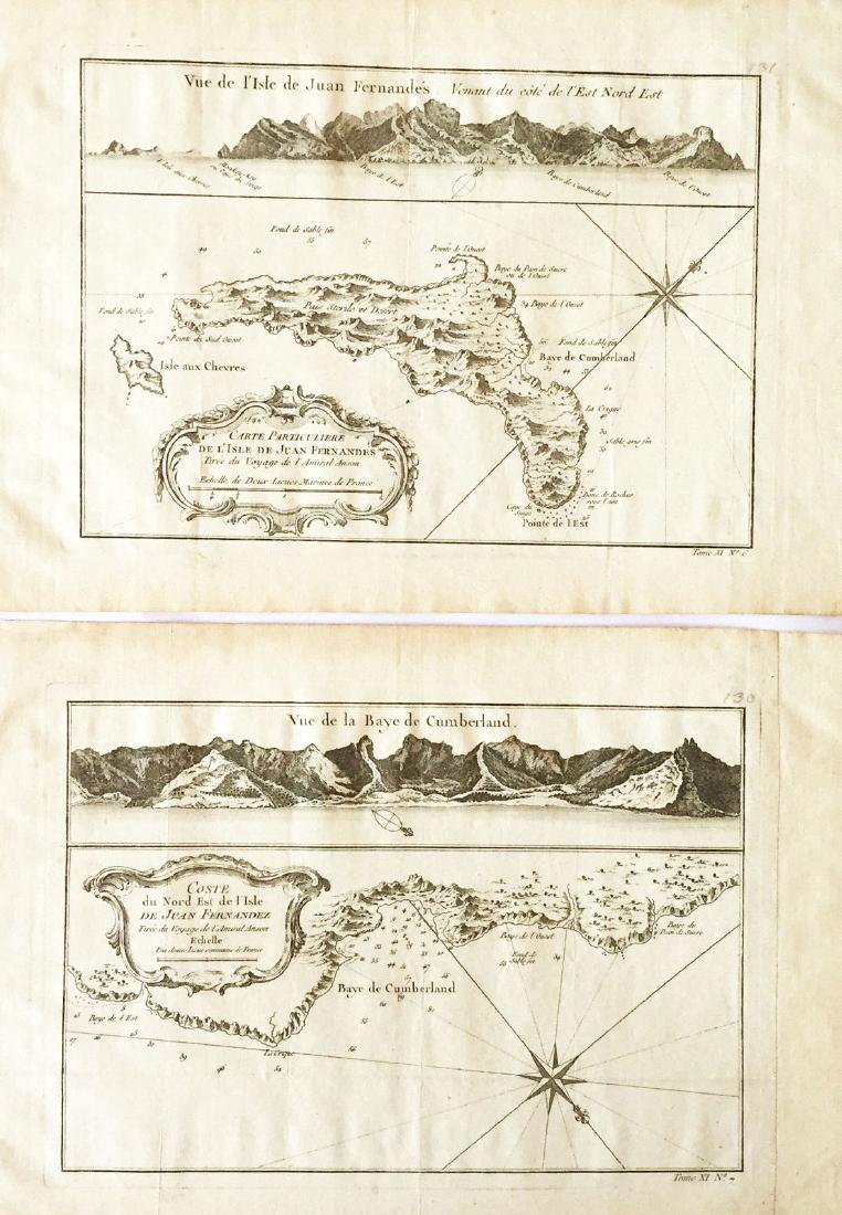 Bellin: Two Maps of Robinson Crusoe Island, Chile: Map: Carte Particuliere de l'Isle de Juan Fernandes [and on a separate sheet] Coste du Nord Est de l'Isle de Juan Fernandez [Robinson Crusoe Island] Cartographer: Bellin Place/Date: Paris / 1754/1760 