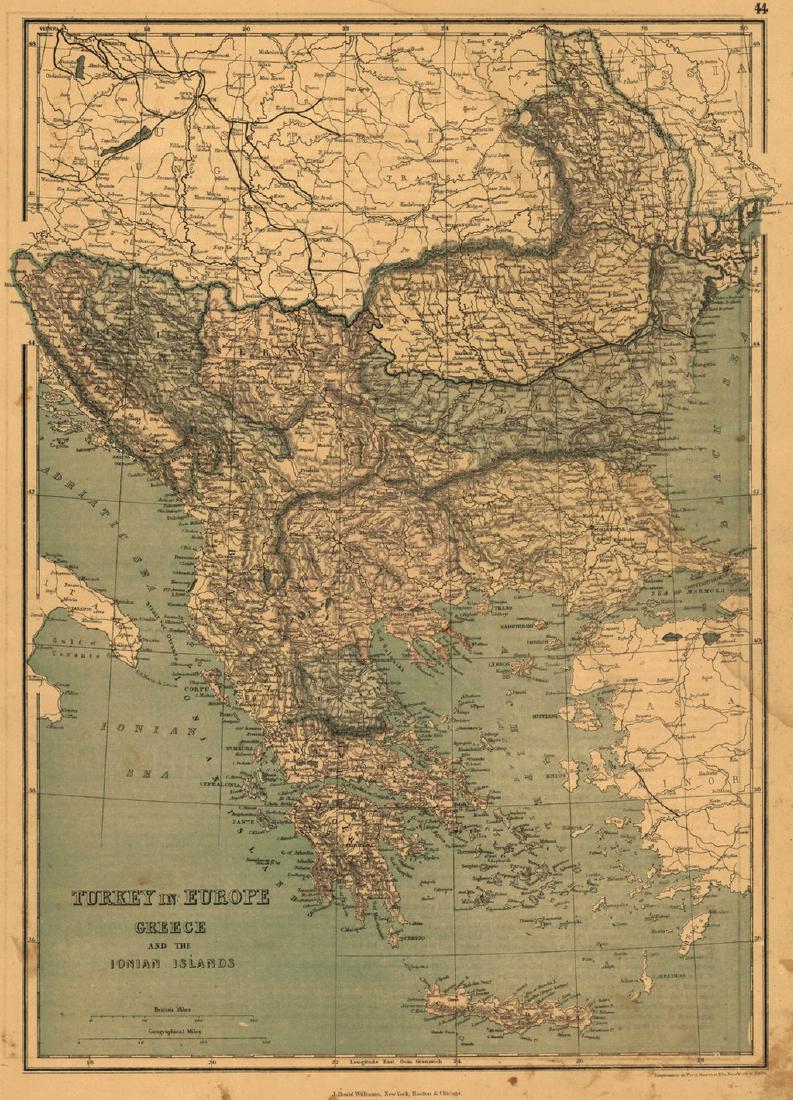 Turkey in Europe Greece and the Ionian Islands: Title/Content of Map: Turkey in Europe Greece and the Ionian Islands Date Printed: 1873 Cartographer: JONES, CHARLES H./THEODORE F. HAMILTON Size: 17X12 Sheet 44 from an American and French Jones and 
