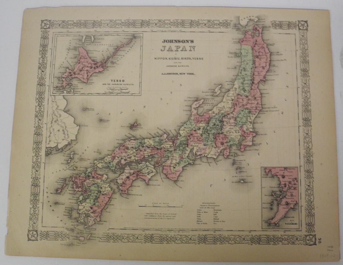 Johnson's Japan Nippon, Kiusiu, Sikok, Yesso and the: Title/Content of Map: Johnson's Japan Nippon, Kiusiu, Sikok, Yesso and the Japanese Kuriles Date Printed: 1862 ca. Cartographer: JOHNSON, ALVIN JEWETT Size: 11.5X14.3 "Compiled from the maps of Siebol