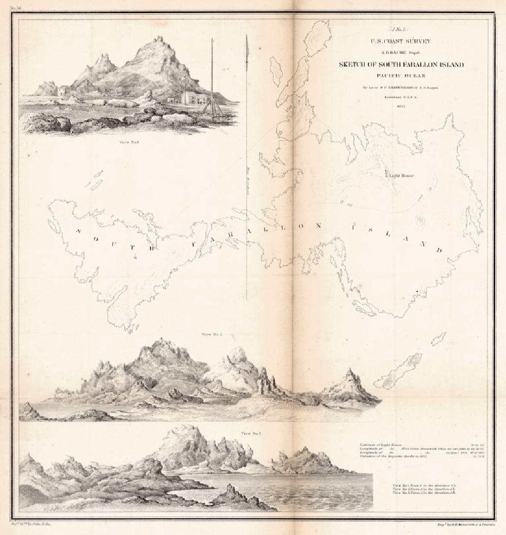 Sketch of South Farallon Island Pacific Ocean: Title/Content of Map: Sketch of South Farallon Island Pacific Ocean Date Printed: 1855 Cartographer: BACHE, A.D. Size: 13.3X12.8 Engd. by G.B. Metzeroth & a. Peterson. Sketch shows light house and 3 v
