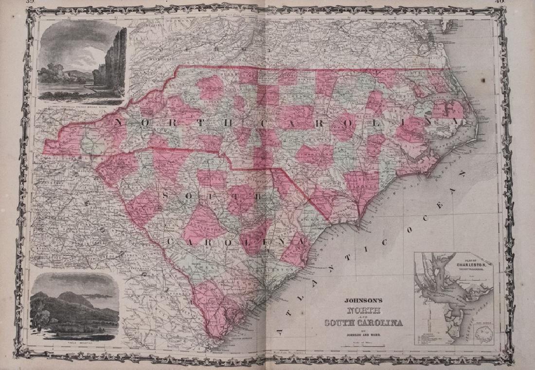 1864 Johnson Map of North and South Carolina --: Title/Content of Map: 1864 Johnson Map of North and South Carolina -- Johnson's North and South Carolina Date Printed: 1864, New York Cartographer: Johnson & Ward Size: 17.3 x 24 in. An excellent, lar