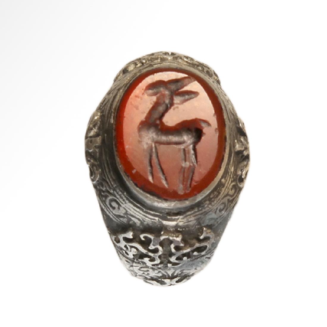 Medieval Near Eastern Silver Ring with Stag Cornelian (1 of 6)