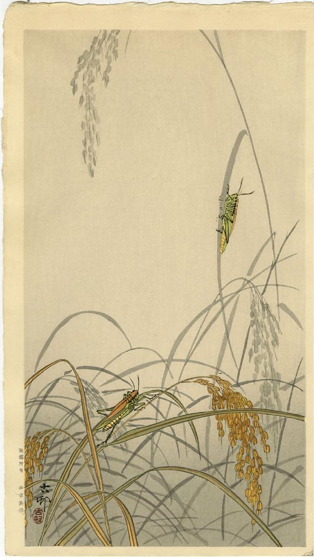 Ohara Koson Woodblock Grasshoppers on Rice (1 of 2)