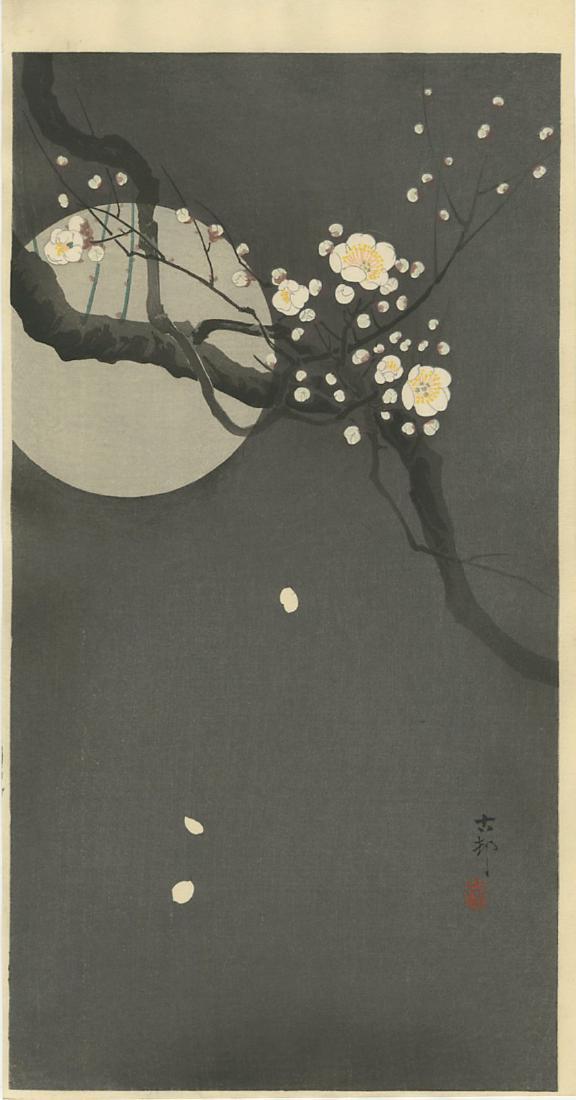 Ohara Koson Woodblock Flowering Plum and Full Moon (1 of 2)