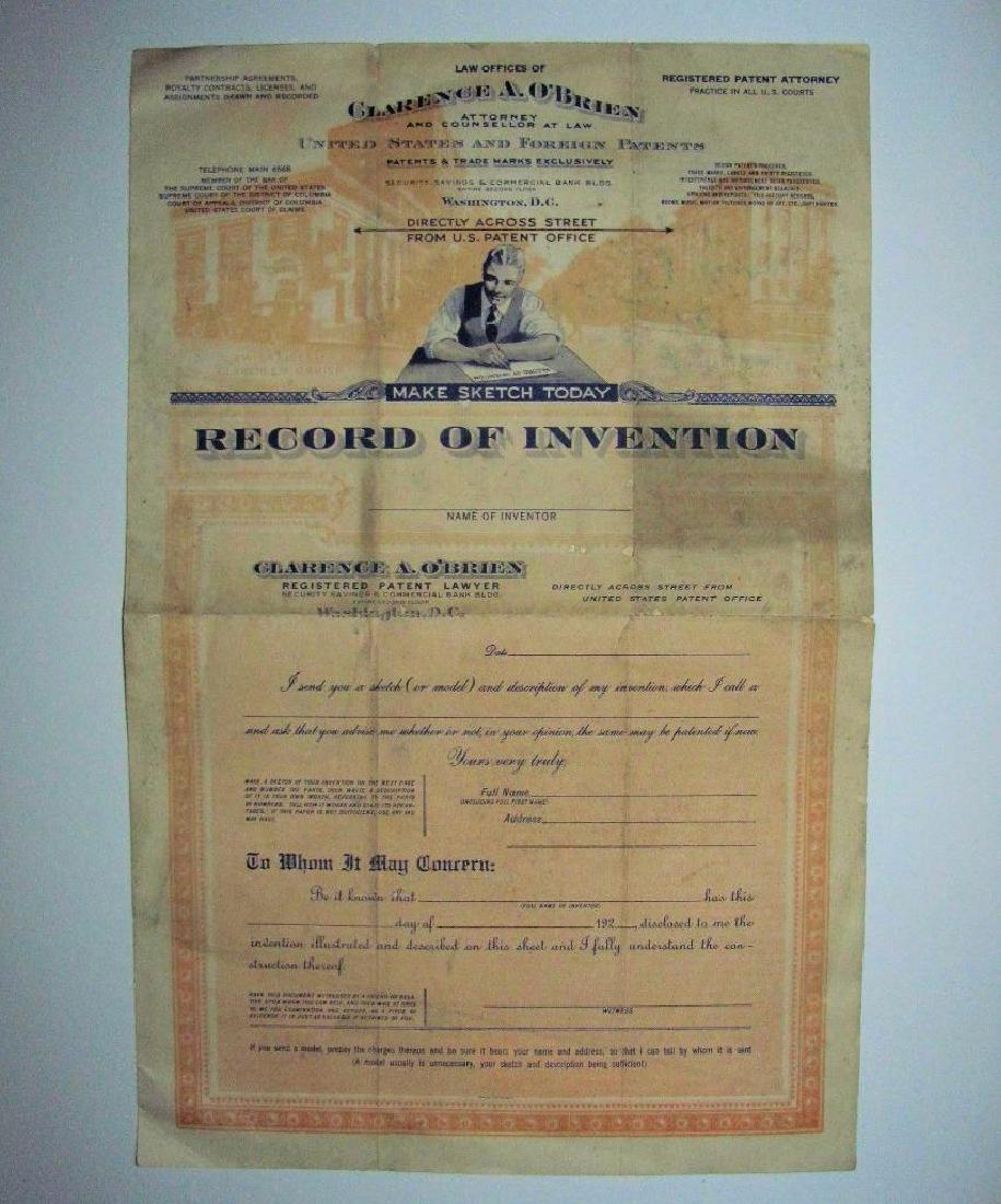 1920 U.s. PAtent Lawyer Clarence O'brien Invention: Circa 1920s unused Old Vintage Paper; "RECORD OF INVENTION" application to be filed with law offices of Clarence A. O'Brien, Registered Patent Lawyer of Washington, D.C. Graphic "Record Of Invention" 