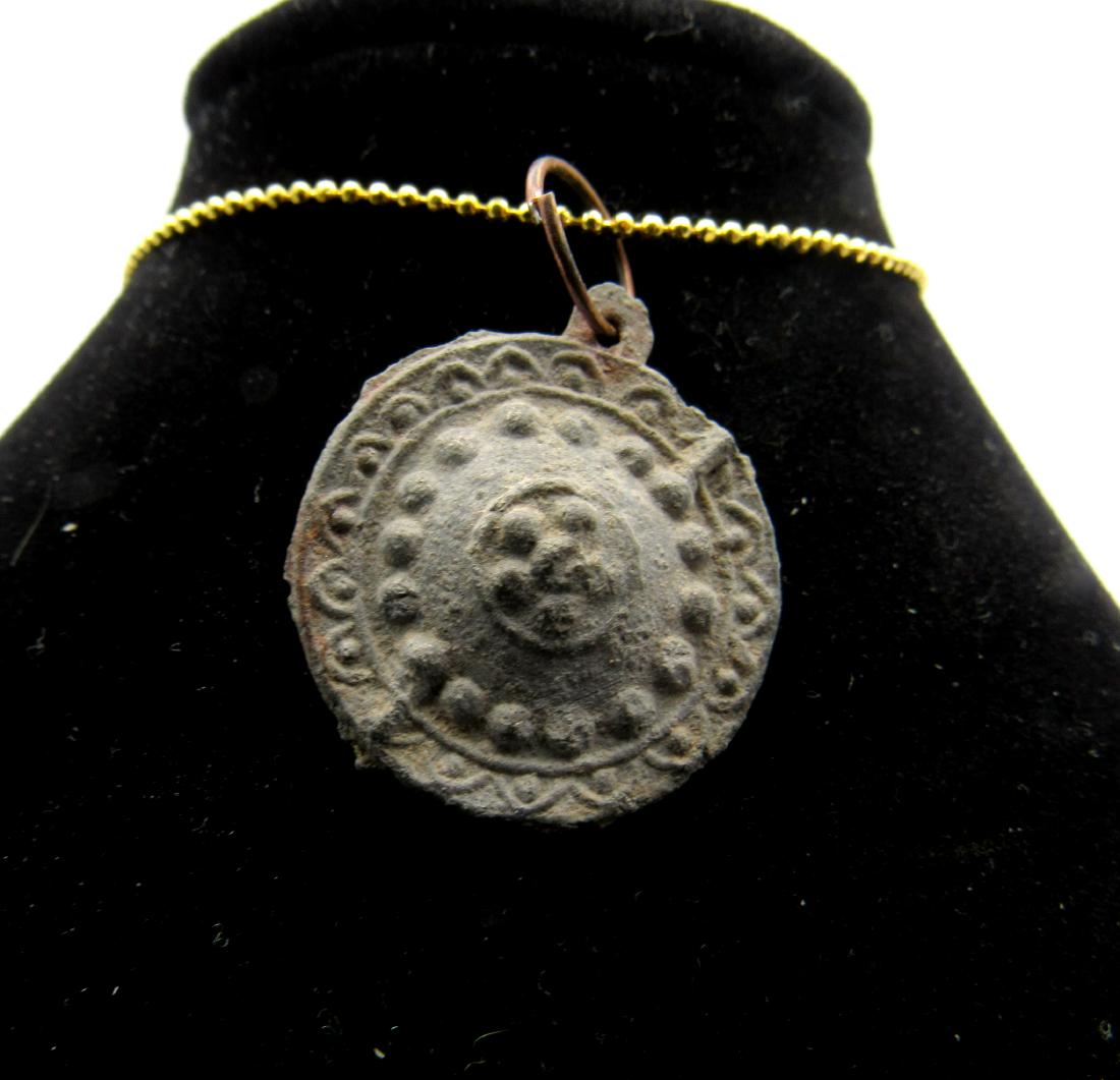 Late Medieval Tudor Bronze Shield Pendant: Title: Late Medieval Tudor Bronze Shield Pendant Date: C. 1400 - 1600 A.D. Scarce Late Medieval Tudor Bronze Shield Pendant with embossed decoration. Expertly cleaned/polished and conserved to reveal 