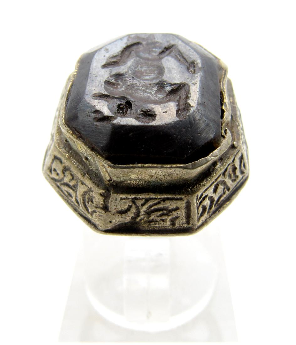 Post Medieval Silver Ring with Bull on Black Stone (1 of 3)