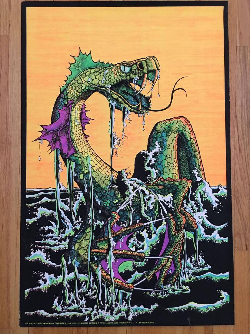 SERPENT - 1971 BLACKLIGHT: SERPENT - 1971 BLACKLIGHT - SYNERGISMS. MINT. !!!!! MOST POSTERS IN THIS SALE ARE NEW OLD STOCK - AND STILL SEALED! PURCHASED FROM A HEAD SHOP THAT CLOSED IN THE 1970's. We have multiple dozens of eac