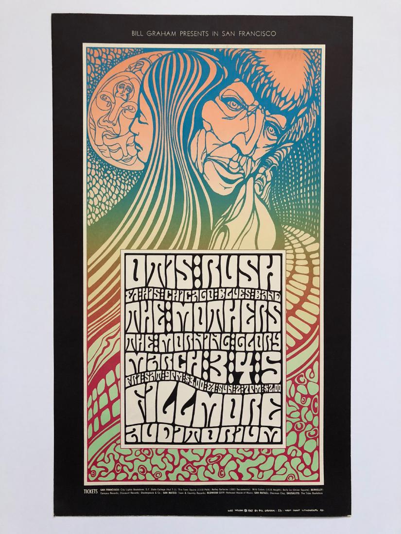 OTIS RUSH - MOTHERS - FILLMORE - BG53: WES WILSON - 1967 - The yin-yang of Wes Wilson's universe features prominently in BG053. The male and female figures appear Native American, worshipers who, like Wilson, used plant-derived drugs to ac