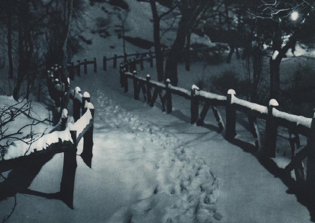 ADOLF FASSBENDER - Snow Caps: Artist: ADOLF FASSBENDER Print Title: Snow Caps Medium: Blue toned Sheet-fed Gravure Folio is 612/1000 Printing Date: 1937 Printed in the USA Image Size: 10.25 X 7.5 inches He supervised every facet o