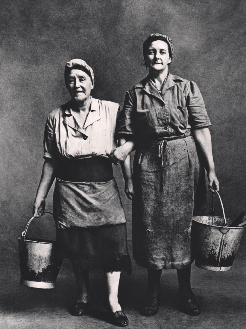 IRVING PENN - Charwomen in London: Artist: IRVING PENN Print Title: Charwomen in London Medium: Sheet-Fed Gravure Printing Date: 1960 Printed in Switzerland Image Size: 9 X 11.5 inches Irving Pennwas an American photographer known for 