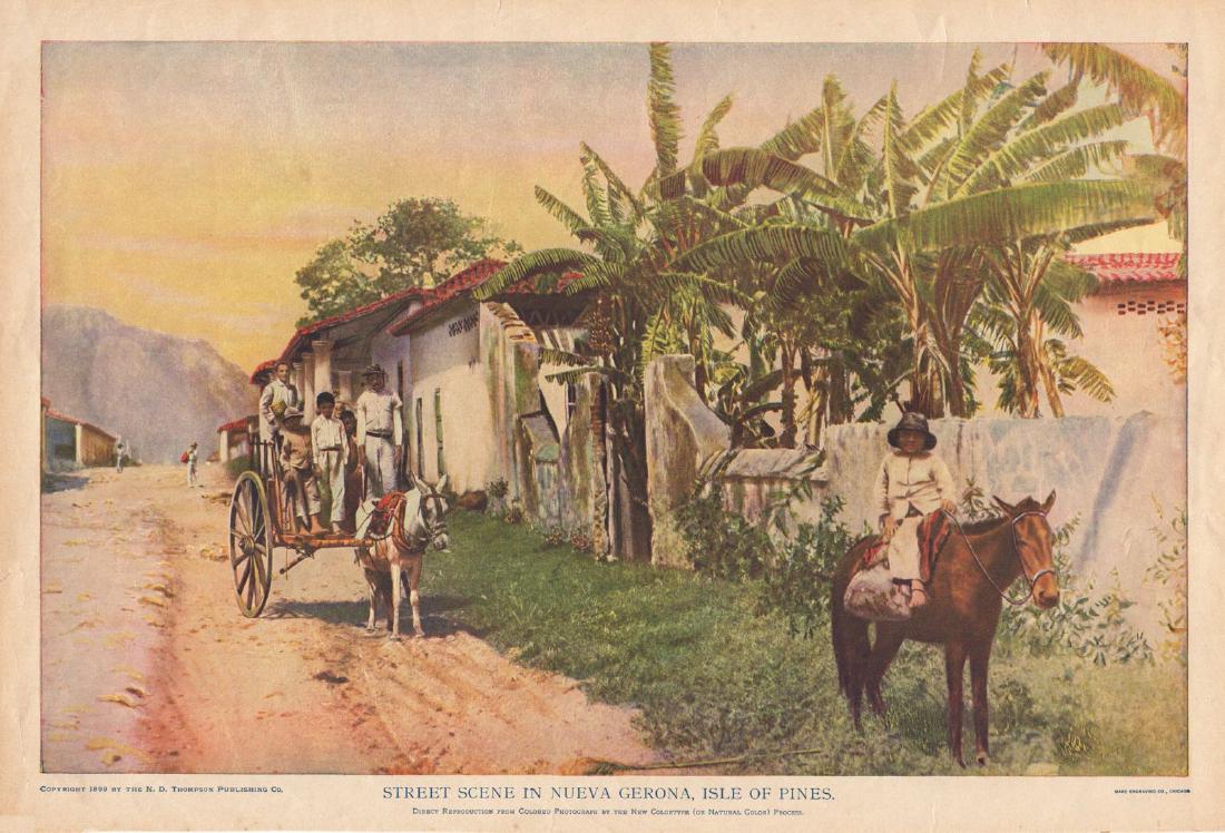 Thompson Publishing: Street Scene, Isle of Pines, Cuba: Street Scene in Nueva Gerona, Isle of Pines An evocative scene of country life in turn-of-the-20th-century Cuba, reproduced directly "from Colored Photograph by the New Colortype (or Natural Color) Pr