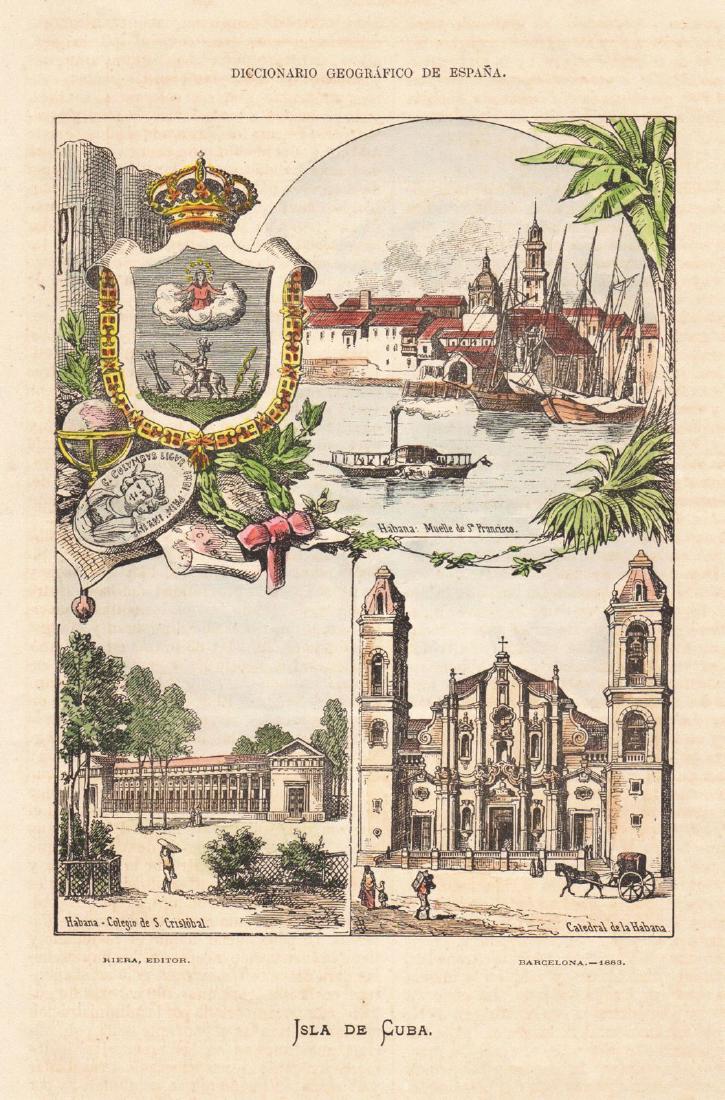Riera: Scenes of Old Havana: Isla de Cuba This beautifully hand-colored engraving is a charming compilation of three Havana scenes and the Cuban coat of arms. The vignettes are the San Francisco dock, San Cristobal Collge, and th