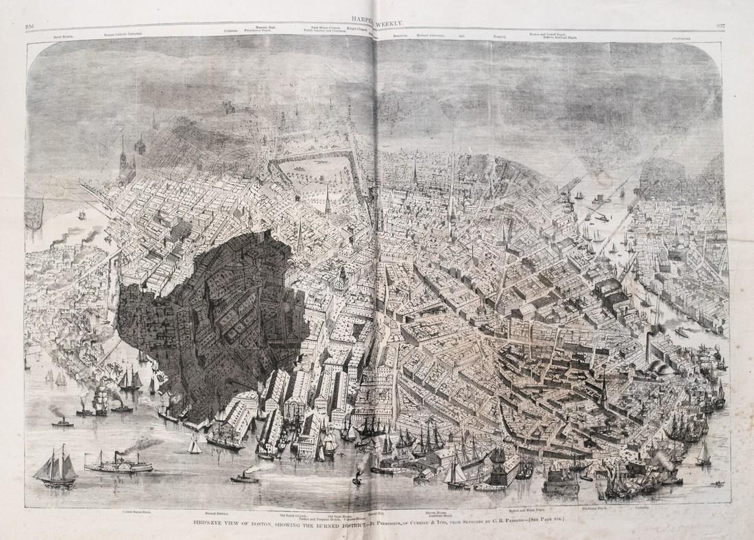 1872 Map and Prints of the Great Boston Fire -- Boston: Title/Content of Map: 1872 Map and Prints of the Great Boston Fire -- Boston Fire Date: 11 30 1872 New York Cartographer: Harper's Weekly Size: 13.5 x 20.5 in. (map) A large, detailed two page bird's 