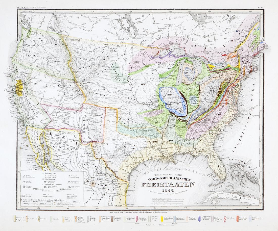 Radefeld: U.S. Geological Map: Map: Geognostische Karte der Nord-Americanische Freistaaten Cartographer: Bibliographischen Instituts. / Radefeld Place/Date: Hildburghausen / 1849/1857 Size: 14 3/4" x 12" Condition: original outline