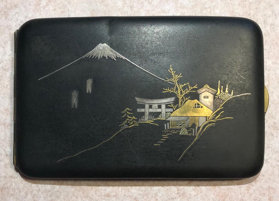 Japanese cigarette case damascened with Mt. Fuji and a (1 of 2)