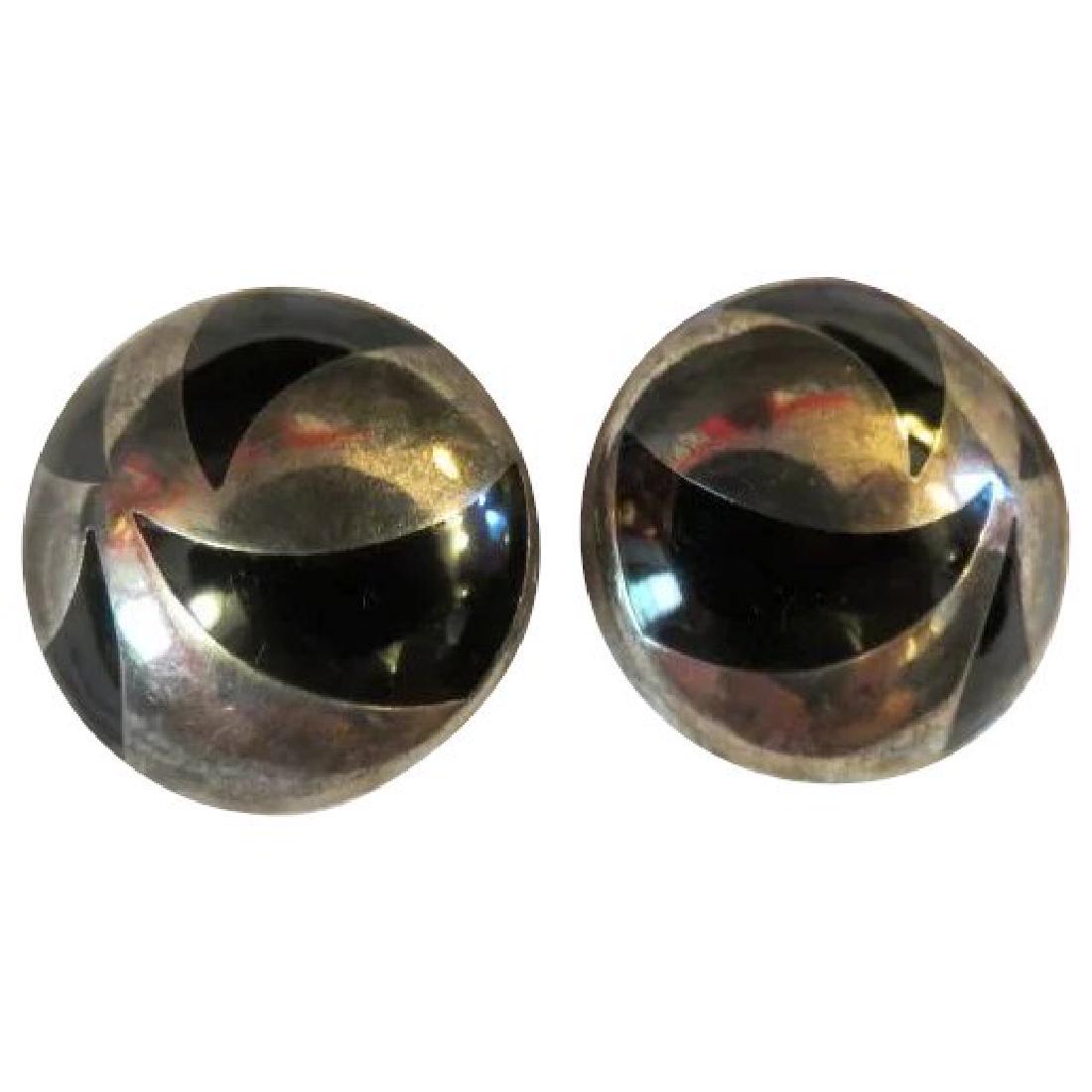 Vintage Mexican 925 Silver Onyx inlay Clip on Earrings (1 of 7)