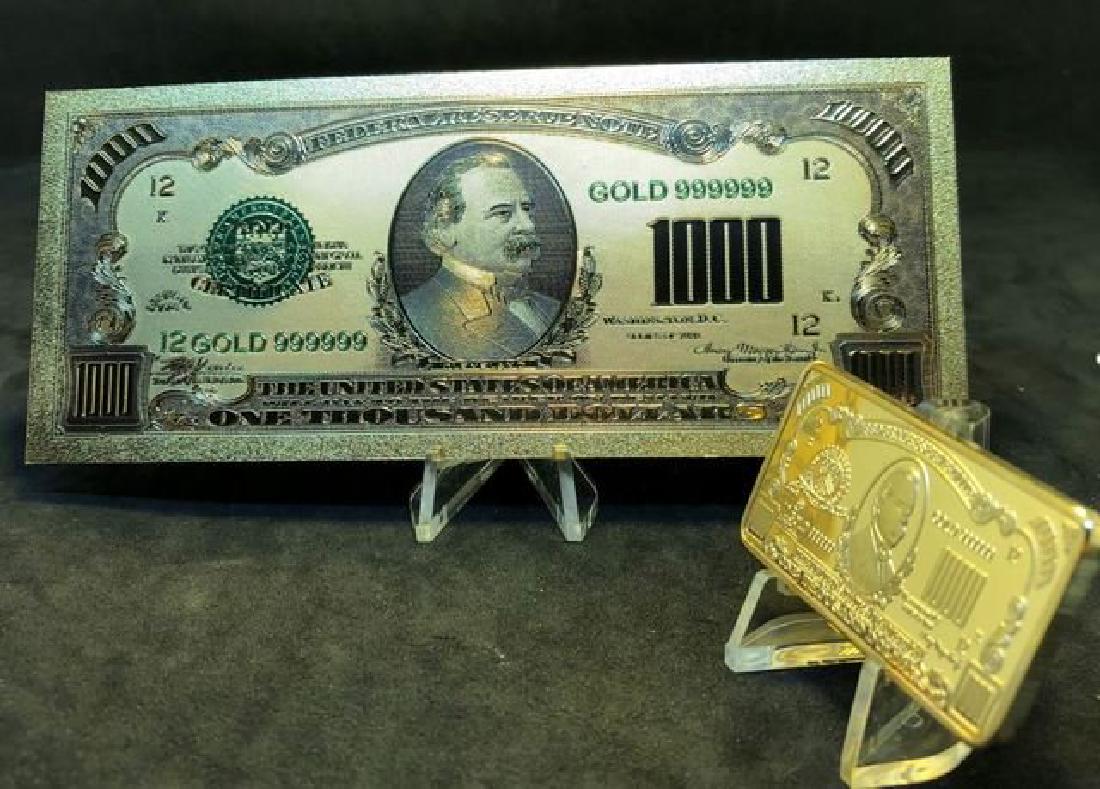 Grover Cleveland $1000 Dollar Design Decorative Set: Dimensions: Copper bar, gold foil bill Materials: Gold clad bullion bar, Gold foil certificate 2 Pc - Grover Cleveland $1000 Dollar Design Decorative Set, 1x - Grover Cleveland $1000 Dollar Decorative