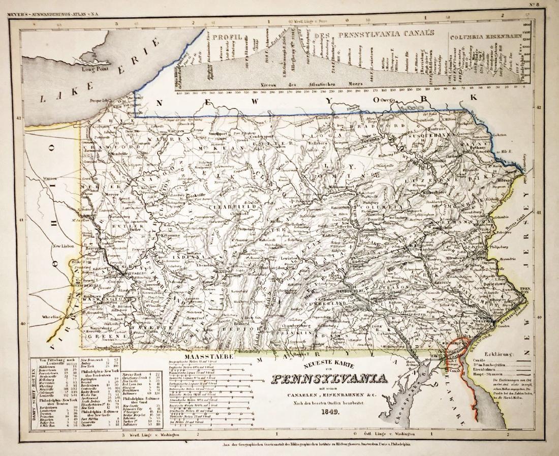 Meyer: Pennsylvania with Canals Profile & Steamer Route: Map: Neueste Karte von Pennsylvania 1849 Cartographer:Bibliographisches Instituts. / Joseph Meyer Place/Date: Hildburghausen / 1849/1857 Size: 14 5/8" 11 3/4" Condition: original color; overall age to