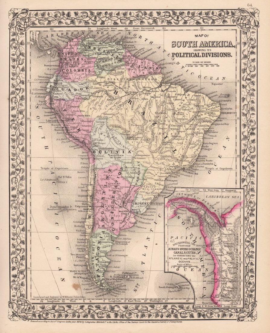 Mitchell: South America with Panama Canal Inset: Map: Map of South America, showing its Political Divisions Cartographer:S. A. Mitchell Place/Date: Philadelphia / 1870 Size: 10 5/8" x 13 3/8" Condition: full color; light overall age toning; one ligh