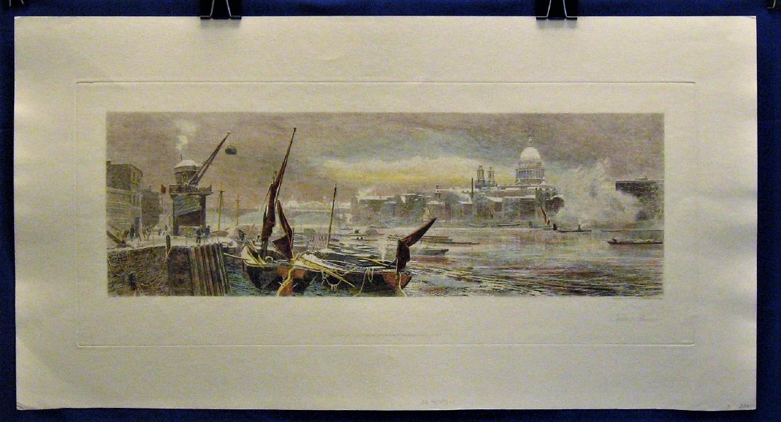 Tidal Thames Antique Print Robert Gallon: Title: Tidal Thames Artist: Robert Gallon Engraver: Robert Gallon Year Published: 1889 Paper: Cotton Rag Paper Size: 19x35.5 Plate Size: 12.5x29.75 Please note that this lot has a confidential reserve