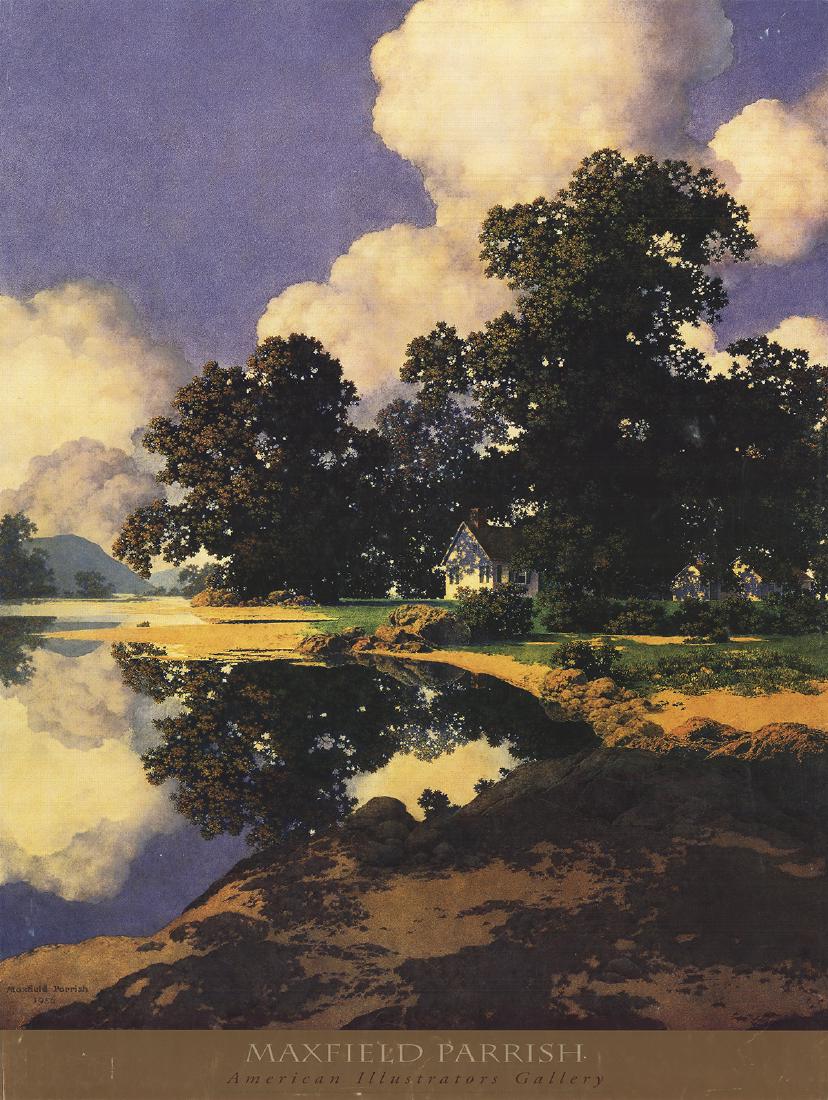 Maxfield Parrish, Sheltering Oaks: Sheltering Oaks by Maxfield Parrish, 1985 Unsigned Offset Lithograph. Paper size is 32 x 24 inches, with an image size of 30 x 24 inches. The Offset Lithograph is from an unknown edition size. and is