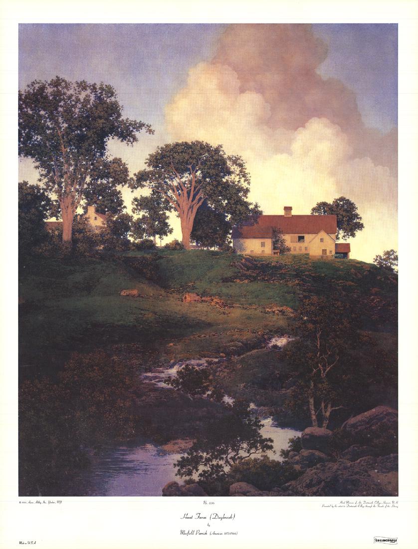 Maxfield Parrish, Hunt Farm (Daybreak): Hunt Farm (Daybreak) by Maxfield Parrish, 1986 Unsigned Offset Lithograph. Paper size is 30.25 x 23 inches, with an image size of 26 x 20.75 inches. The Offset Lithograph is from an unknown edition si