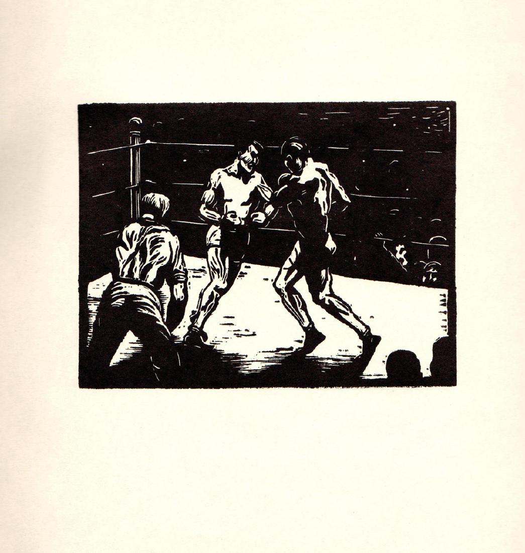 Loual B. Sugarman, Slug-Fest: Slug-Fest by Loual B. Sugarman, 1938 Unsigned Woodblock. Paper size is 9.25 x 9 inches, with an image size of 4 x 5.5 inches. The Woodblock is from an unknown edition size. and is not framed. The cond